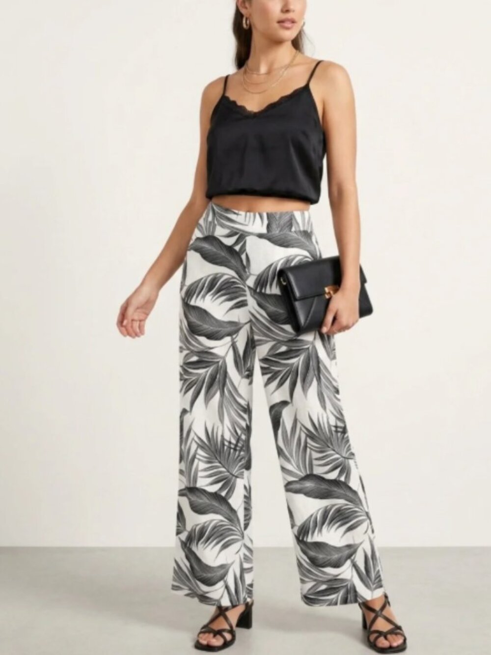 Tahari 100% Linen Wide Leg Crop Pants Tropical Leaf Black Off White Palm MEDIUM